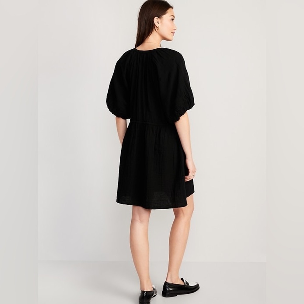 Old Navy LARGE Black Waist Defined Puff Sleeve Cotton Gauze Dress - Picture 6 of 12